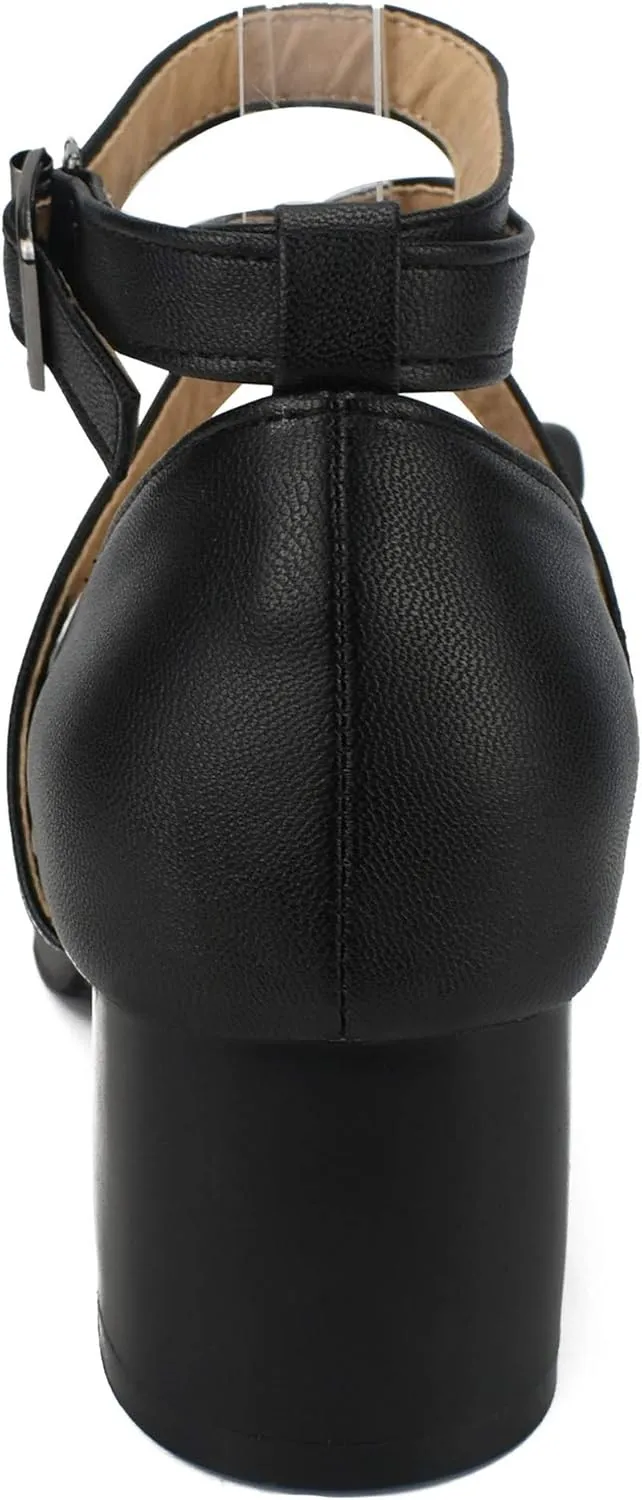 100FIXEO Women Goth Strappy Platform Chunky Heel Mary Janes Pumps Bow Ankle Strap with Buckle Block Cuban Mid Heel Shoes