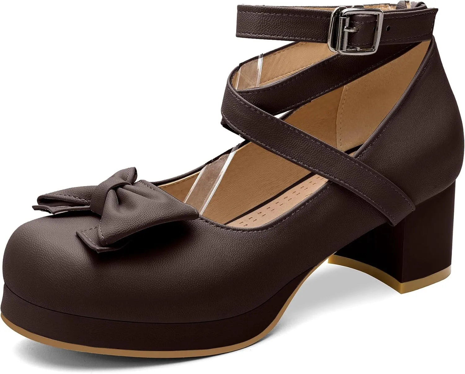 100FIXEO Women Goth Strappy Platform Chunky Heel Mary Janes Pumps Bow Ankle Strap with Buckle Block Cuban Mid Heel Shoes