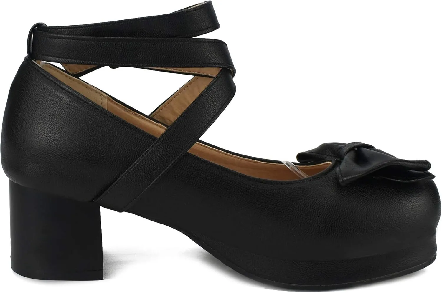100FIXEO Women Goth Strappy Platform Chunky Heel Mary Janes Pumps Bow Ankle Strap with Buckle Block Cuban Mid Heel Shoes