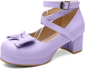 100FIXEO Women Goth Strappy Platform Chunky Heel Mary Janes Pumps Bow Ankle Strap with Buckle Block Cuban Mid Heel Shoes