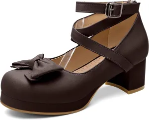 100FIXEO Women Goth Strappy Platform Chunky Heel Mary Janes Pumps Bow Ankle Strap with Buckle Block Cuban Mid Heel Shoes