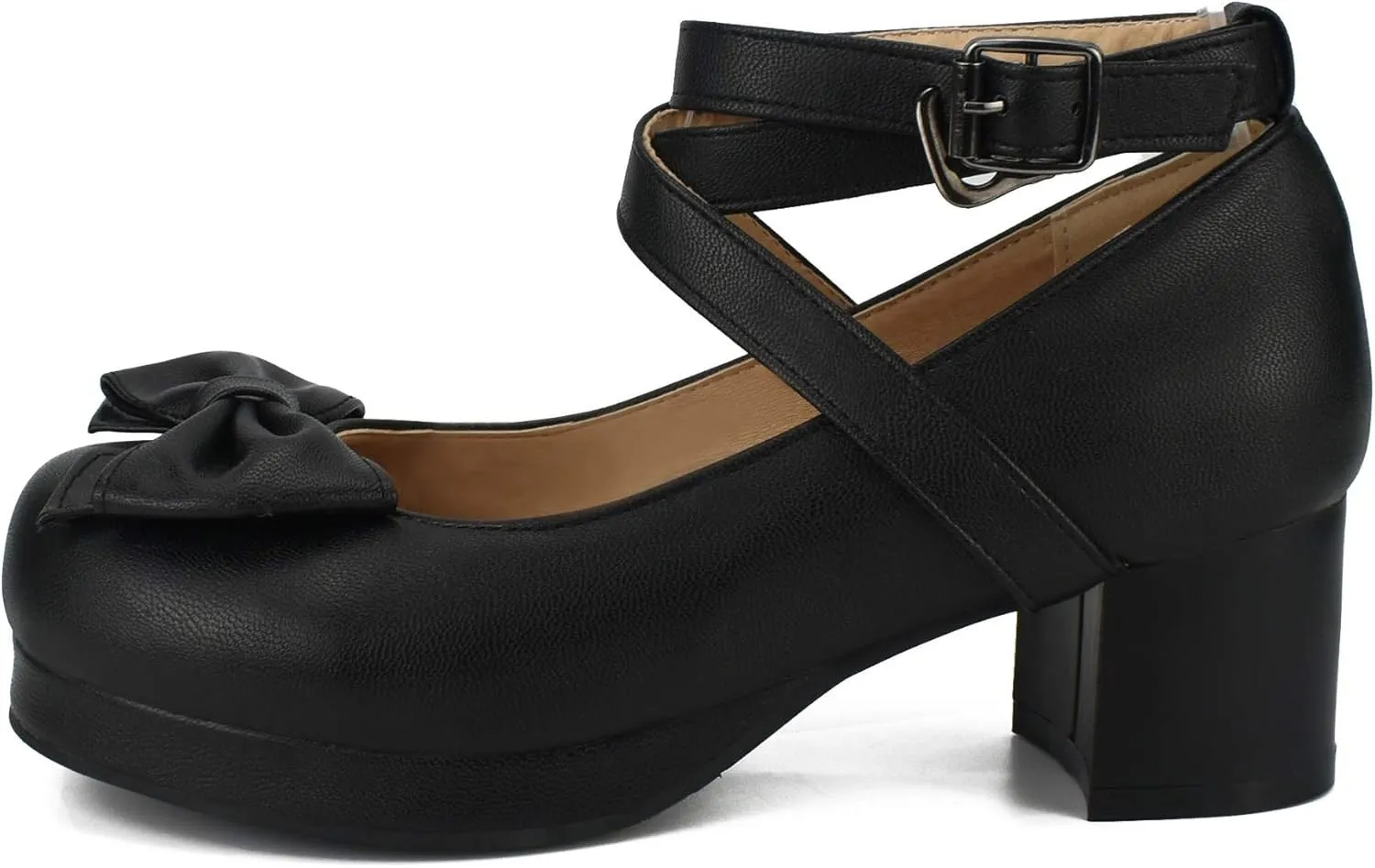 100FIXEO Women Goth Strappy Platform Chunky Heel Mary Janes Pumps Bow Ankle Strap with Buckle Block Cuban Mid Heel Shoes