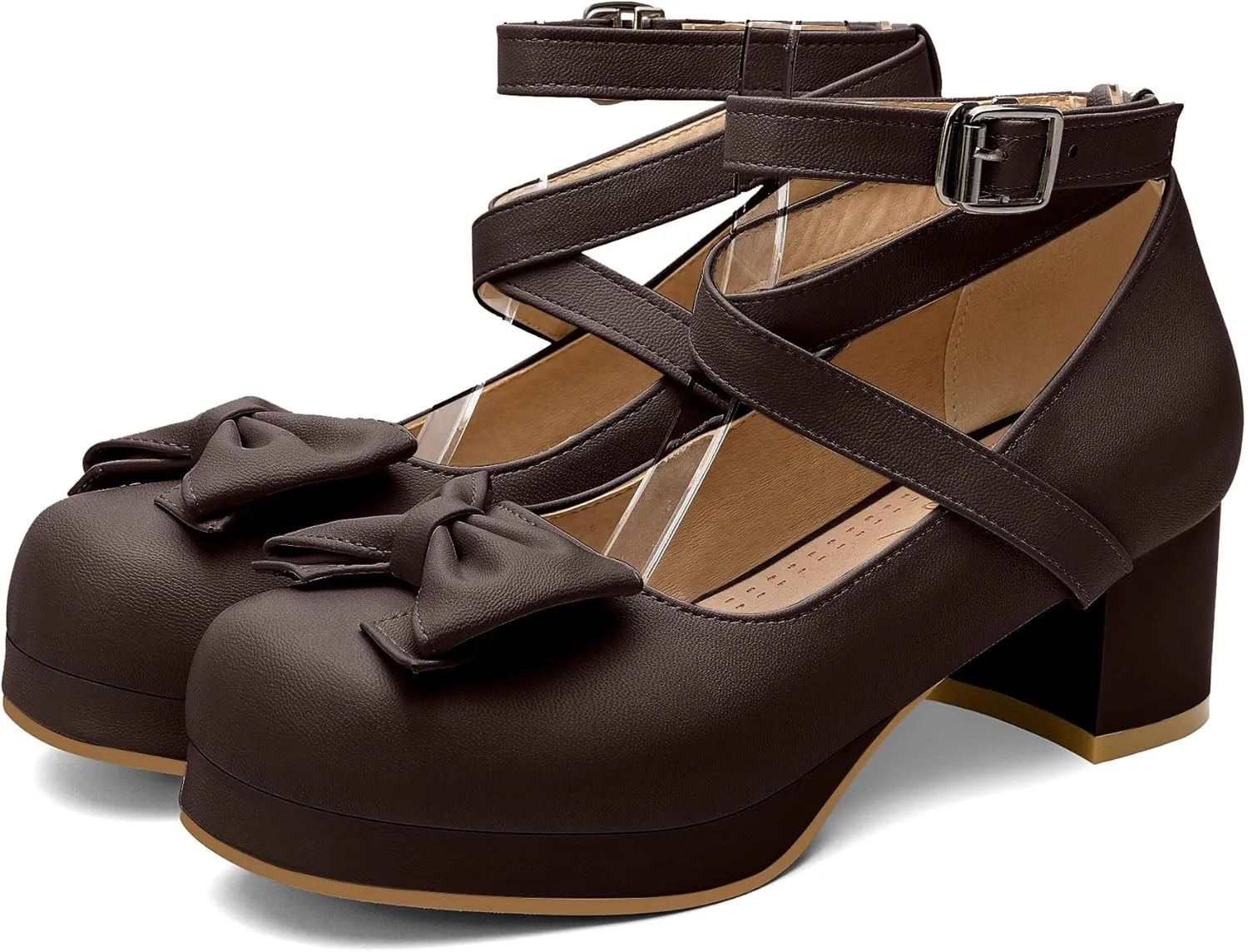 100FIXEO Women Goth Strappy Platform Chunky Heel Mary Janes Pumps Bow Ankle Strap with Buckle Block Cuban Mid Heel Shoes