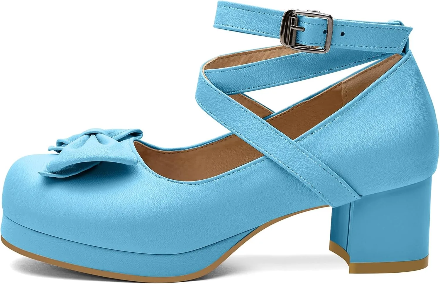 100FIXEO Women Goth Strappy Platform Chunky Heel Mary Janes Pumps Bow Ankle Strap with Buckle Block Cuban Mid Heel Shoes