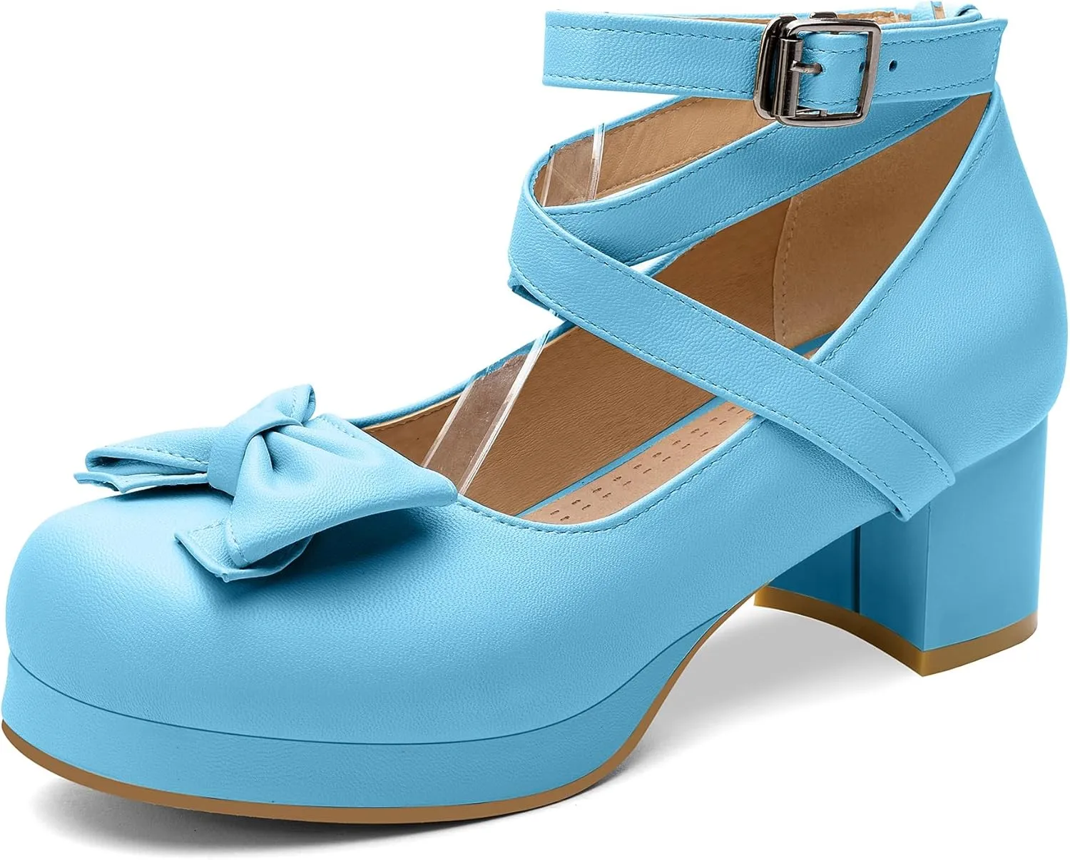 100FIXEO Women Goth Strappy Platform Chunky Heel Mary Janes Pumps Bow Ankle Strap with Buckle Block Cuban Mid Heel Shoes