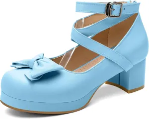 100FIXEO Women Goth Strappy Platform Chunky Heel Mary Janes Pumps Bow Ankle Strap with Buckle Block Cuban Mid Heel Shoes