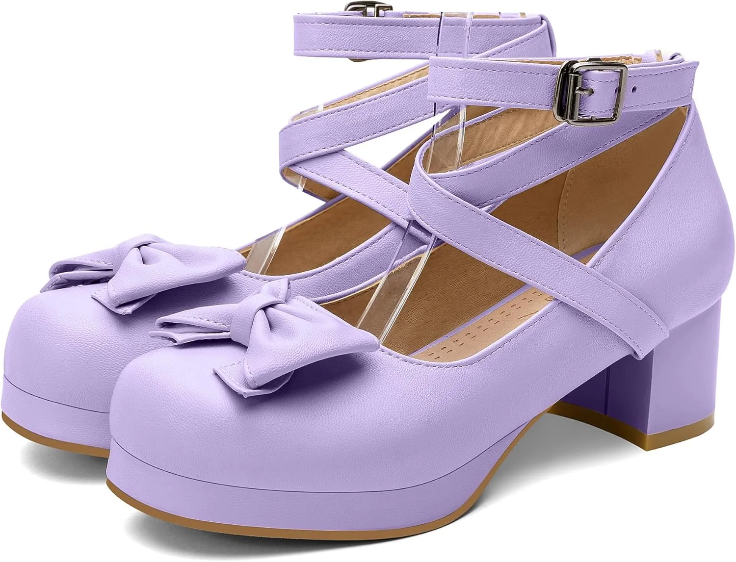 100FIXEO Women Goth Strappy Platform Chunky Heel Mary Janes Pumps Bow Ankle Strap with Buckle Block Cuban Mid Heel Shoes