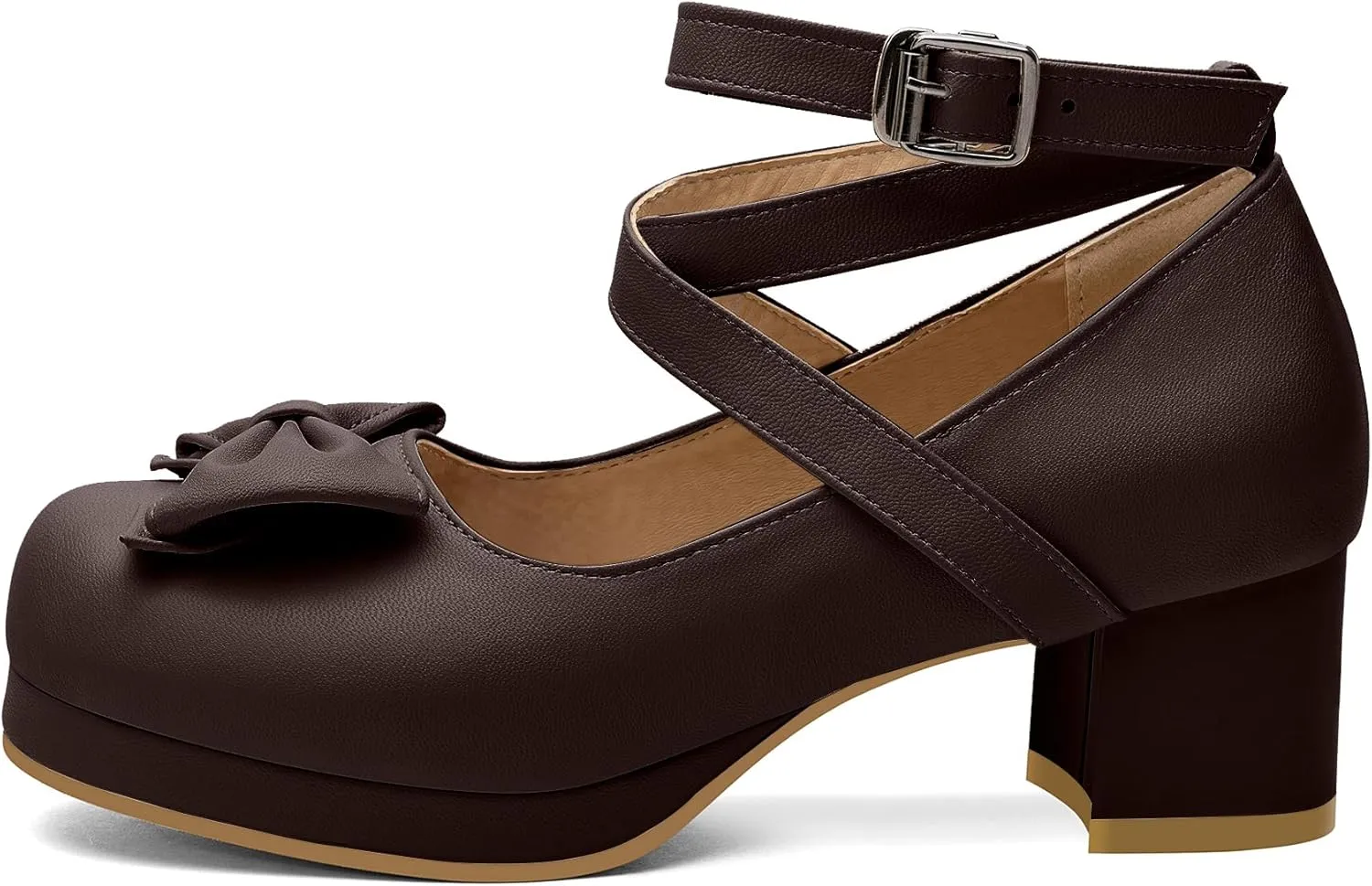 100FIXEO Women Goth Strappy Platform Chunky Heel Mary Janes Pumps Bow Ankle Strap with Buckle Block Cuban Mid Heel Shoes