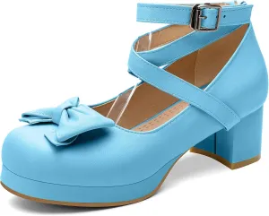 100FIXEO Women Goth Strappy Platform Chunky Heel Mary Janes Pumps Bow Ankle Strap with Buckle Block Cuban Mid Heel Shoes