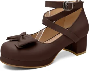 100FIXEO Women Goth Strappy Platform Chunky Heel Mary Janes Pumps Bow Ankle Strap with Buckle Block Cuban Mid Heel Shoes
