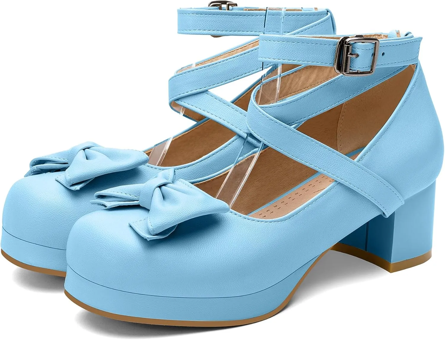 100FIXEO Women Goth Strappy Platform Chunky Heel Mary Janes Pumps Bow Ankle Strap with Buckle Block Cuban Mid Heel Shoes