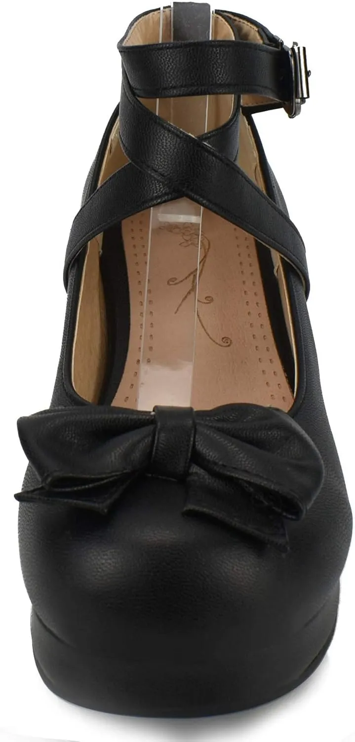 100FIXEO Women Goth Strappy Platform Chunky Heel Mary Janes Pumps Bow Ankle Strap with Buckle Block Cuban Mid Heel Shoes
