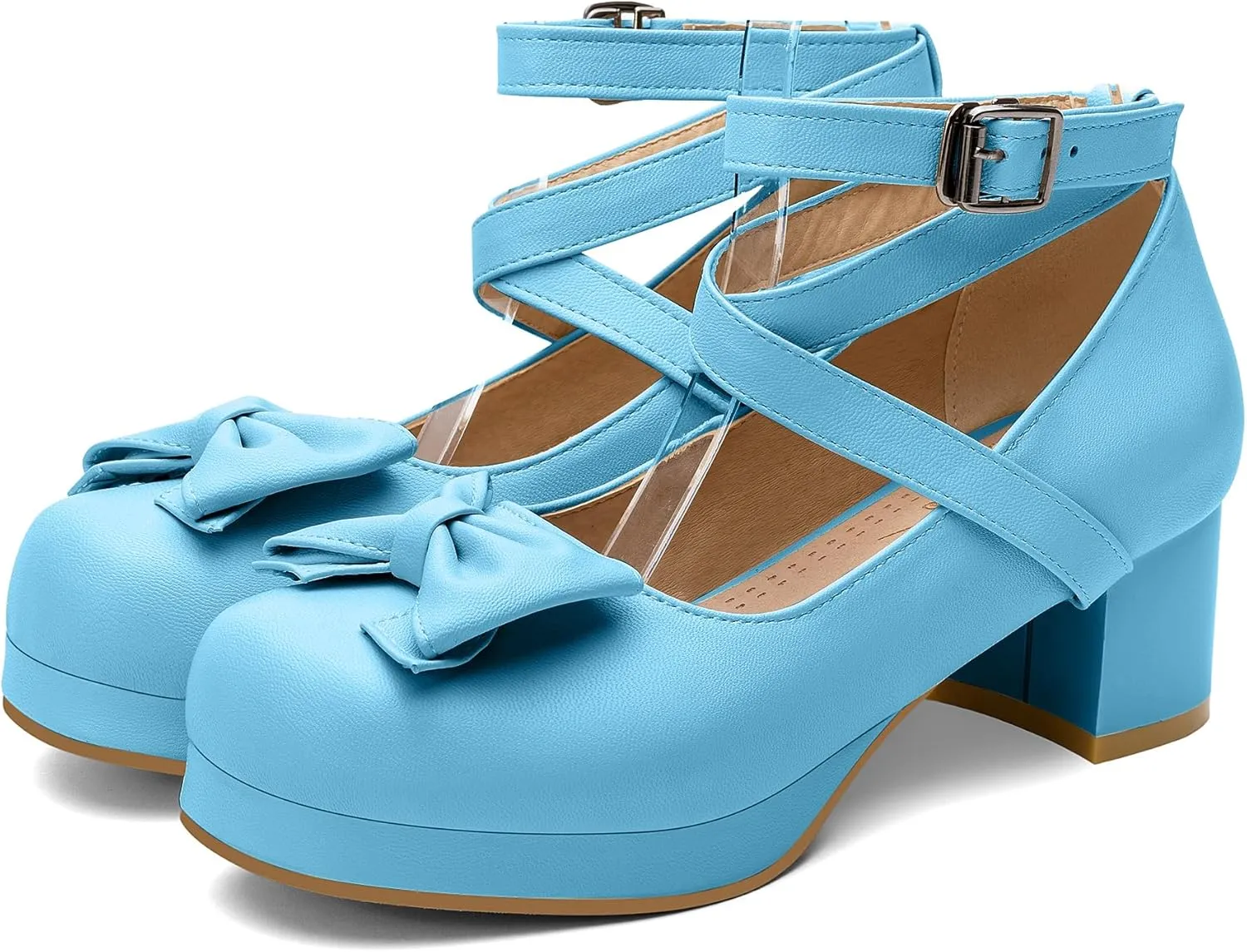 100FIXEO Women Goth Strappy Platform Chunky Heel Mary Janes Pumps Bow Ankle Strap with Buckle Block Cuban Mid Heel Shoes