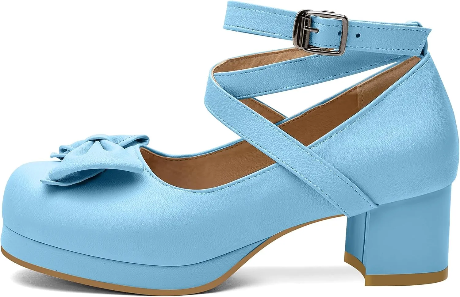 100FIXEO Women Goth Strappy Platform Chunky Heel Mary Janes Pumps Bow Ankle Strap with Buckle Block Cuban Mid Heel Shoes