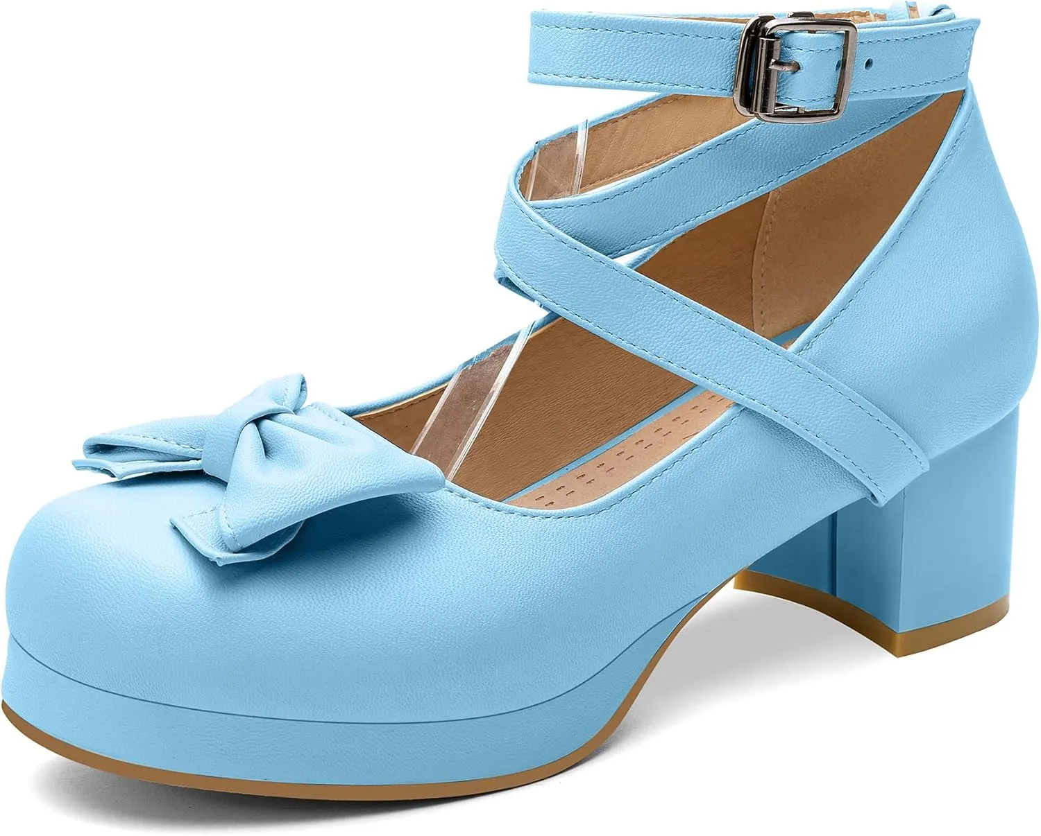 100FIXEO Women Goth Strappy Platform Chunky Heel Mary Janes Pumps Bow Ankle Strap with Buckle Block Cuban Mid Heel Shoes