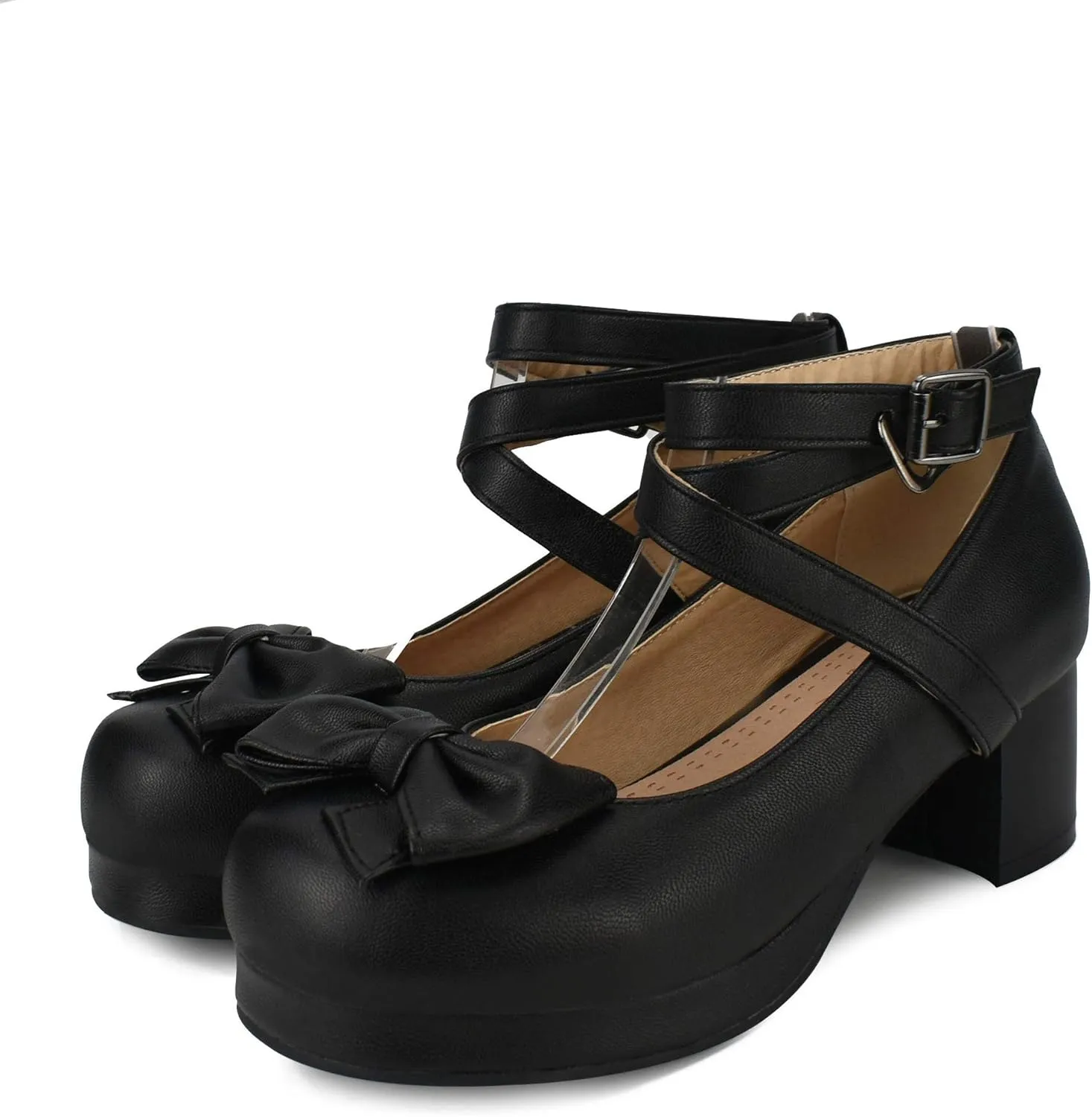 100FIXEO Women Goth Strappy Platform Chunky Heel Mary Janes Pumps Bow Ankle Strap with Buckle Block Cuban Mid Heel Shoes