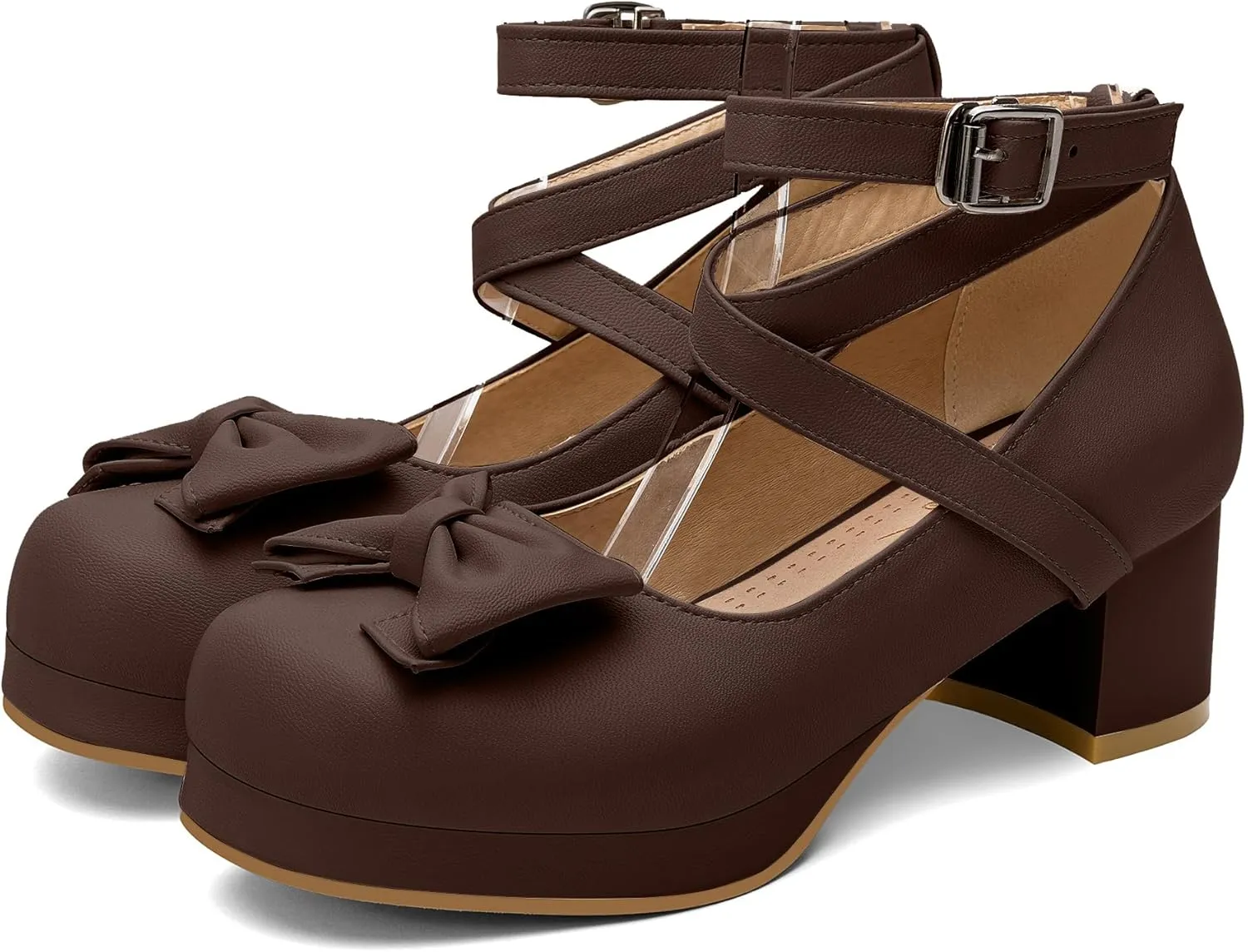 100FIXEO Women Goth Strappy Platform Chunky Heel Mary Janes Pumps Bow Ankle Strap with Buckle Block Cuban Mid Heel Shoes