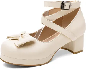 100FIXEO Women Goth Strappy Platform Chunky Heel Mary Janes Pumps Bow Ankle Strap with Buckle Block Cuban Mid Heel Shoes