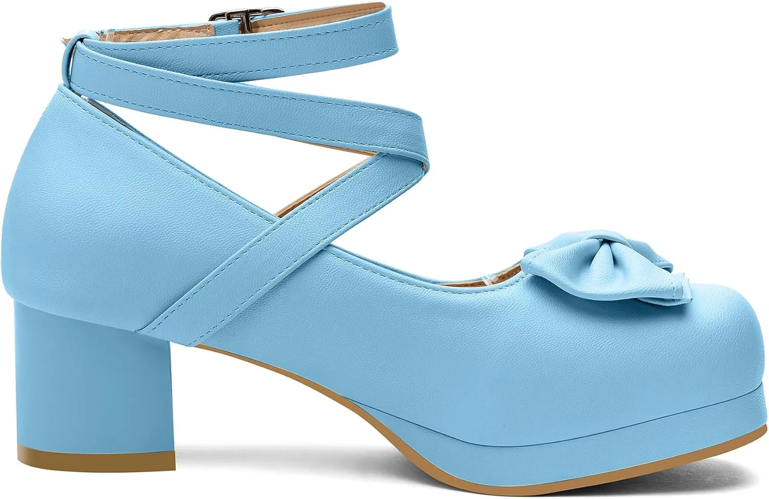 100FIXEO Women Goth Strappy Platform Chunky Heel Mary Janes Pumps Bow Ankle Strap with Buckle Block Cuban Mid Heel Shoes
