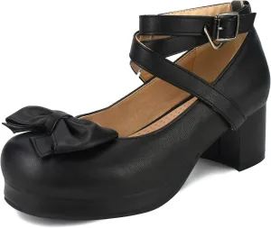 100FIXEO Women Goth Strappy Platform Chunky Heel Mary Janes Pumps Bow Ankle Strap with Buckle Block Cuban Mid Heel Shoes