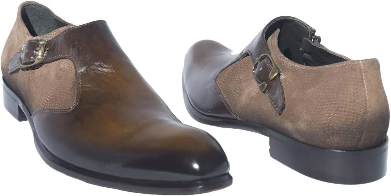 523M Italian Brown Leather Buckled Shoes with Zipper