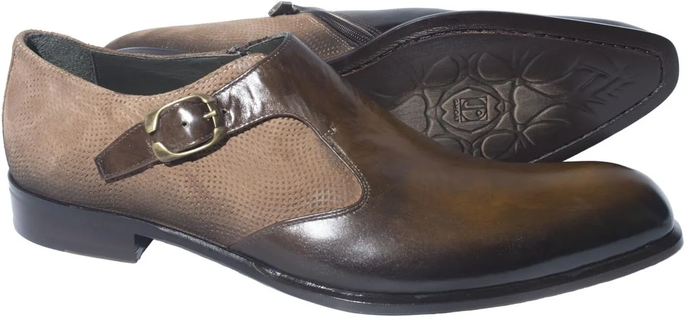 523M Italian Brown Leather Buckled Shoes with Zipper