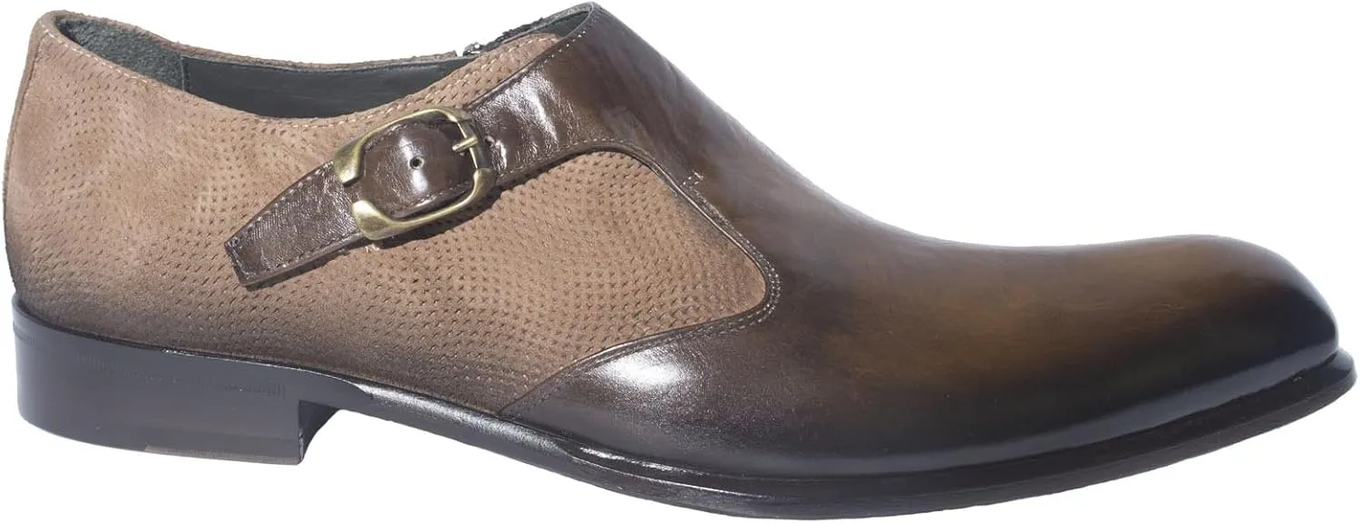 523M Italian Brown Leather Buckled Shoes with Zipper