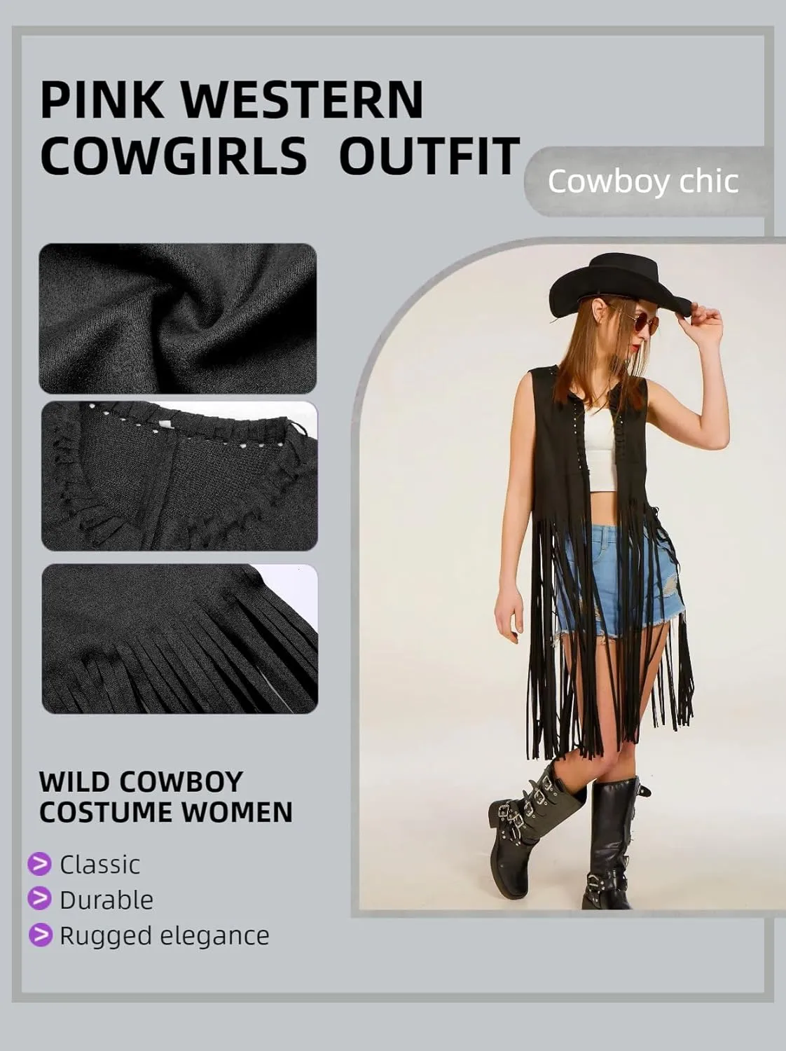 6 PC Cowgirl Western Outfits for Women Retro Cowgirl Costumes Fringe Vest Cow Girl Hat for Women Country 70s Hippie Outits