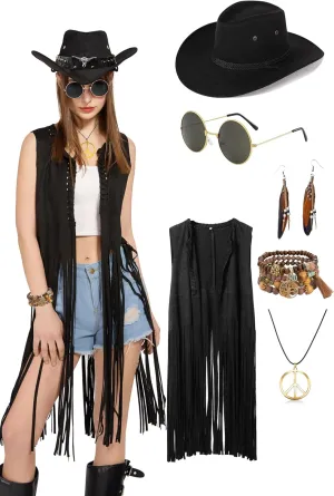6 PC Cowgirl Western Outfits for Women Retro Cowgirl Costumes Fringe Vest Cow Girl Hat for Women Country 70s Hippie Outits