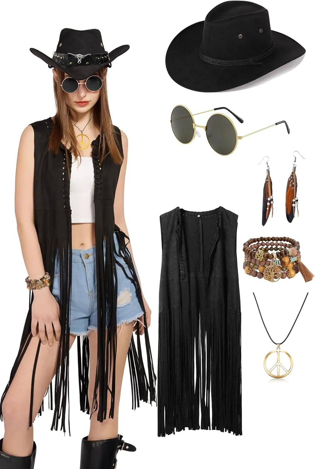 6 PC Cowgirl Western Outfits for Women Retro Cowgirl Costumes Fringe Vest Cow Girl Hat for Women Country 70s Hippie Outits