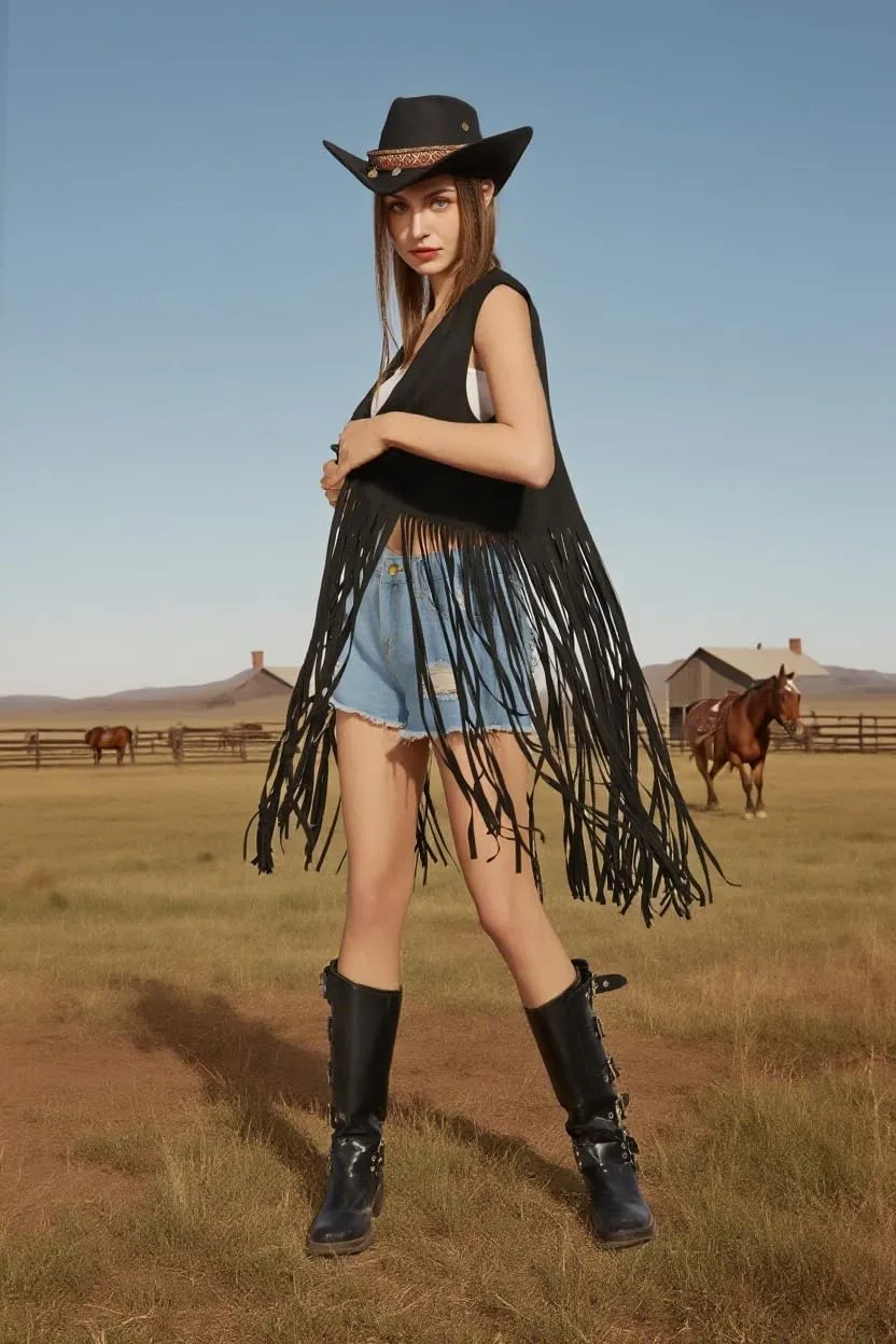 6 PC Cowgirl Western Outfits for Women Retro Cowgirl Costumes Fringe Vest Cow Girl Hat for Women Country 70s Hippie Outits