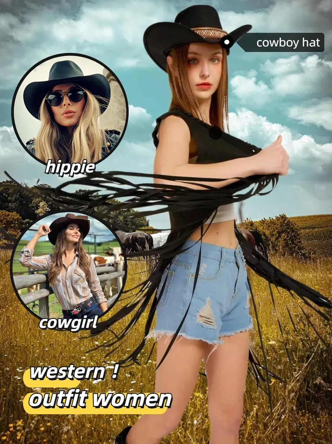 6 PC Cowgirl Western Outfits for Women Retro Cowgirl Costumes Fringe Vest Cow Girl Hat for Women Country 70s Hippie Outits