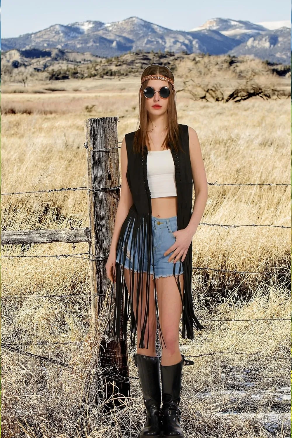 6 PC Cowgirl Western Outfits for Women Retro Cowgirl Costumes Fringe Vest Cow Girl Hat for Women Country 70s Hippie Outits