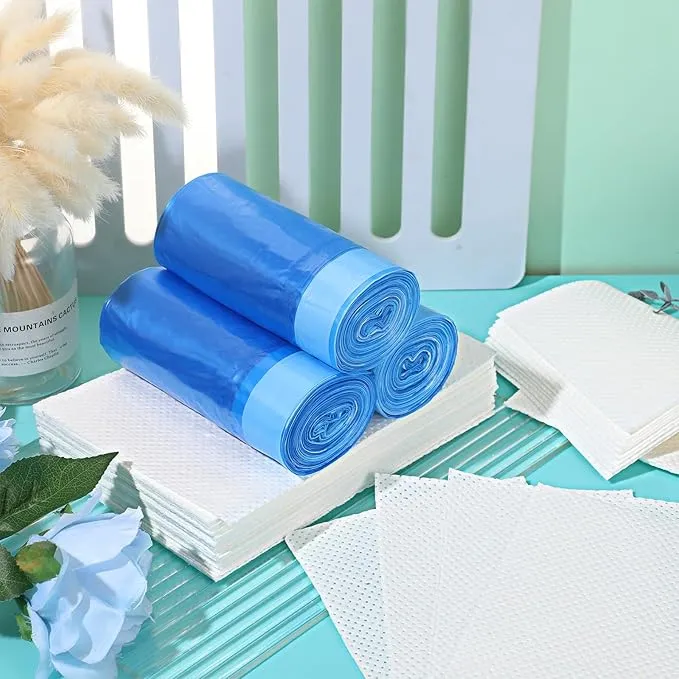 60 Set Bedside Commode Liners with Absorbent Pads Disposable Potty Bags for Portable Toilet with Commode Pads for Adult Elderly Commode Chairs Bucket Portable Camping Toilet Bags (Blue)