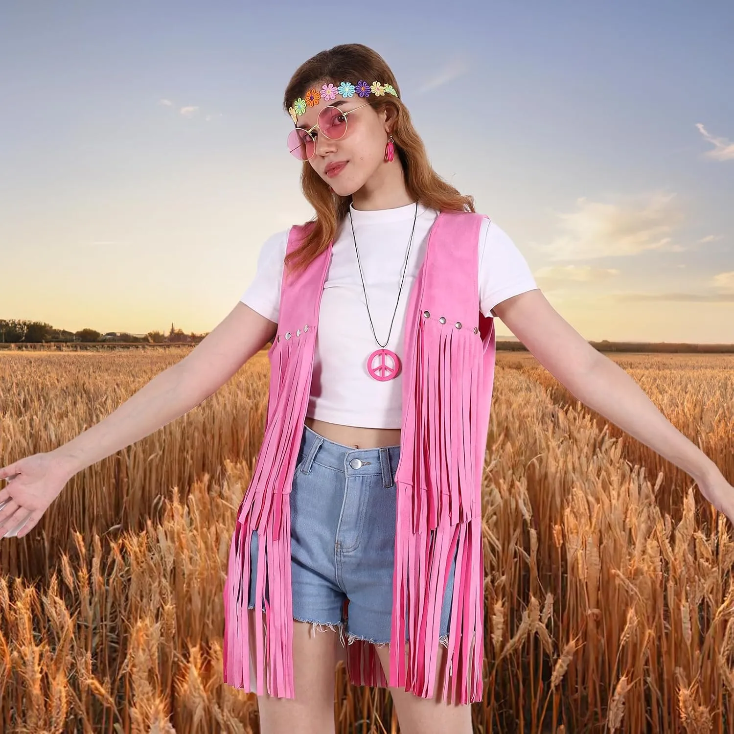 70s Outfits for Women, Disco Hippie Costume Clothes Woman Cowgirl 70s Costume Fringe Hippie Vest