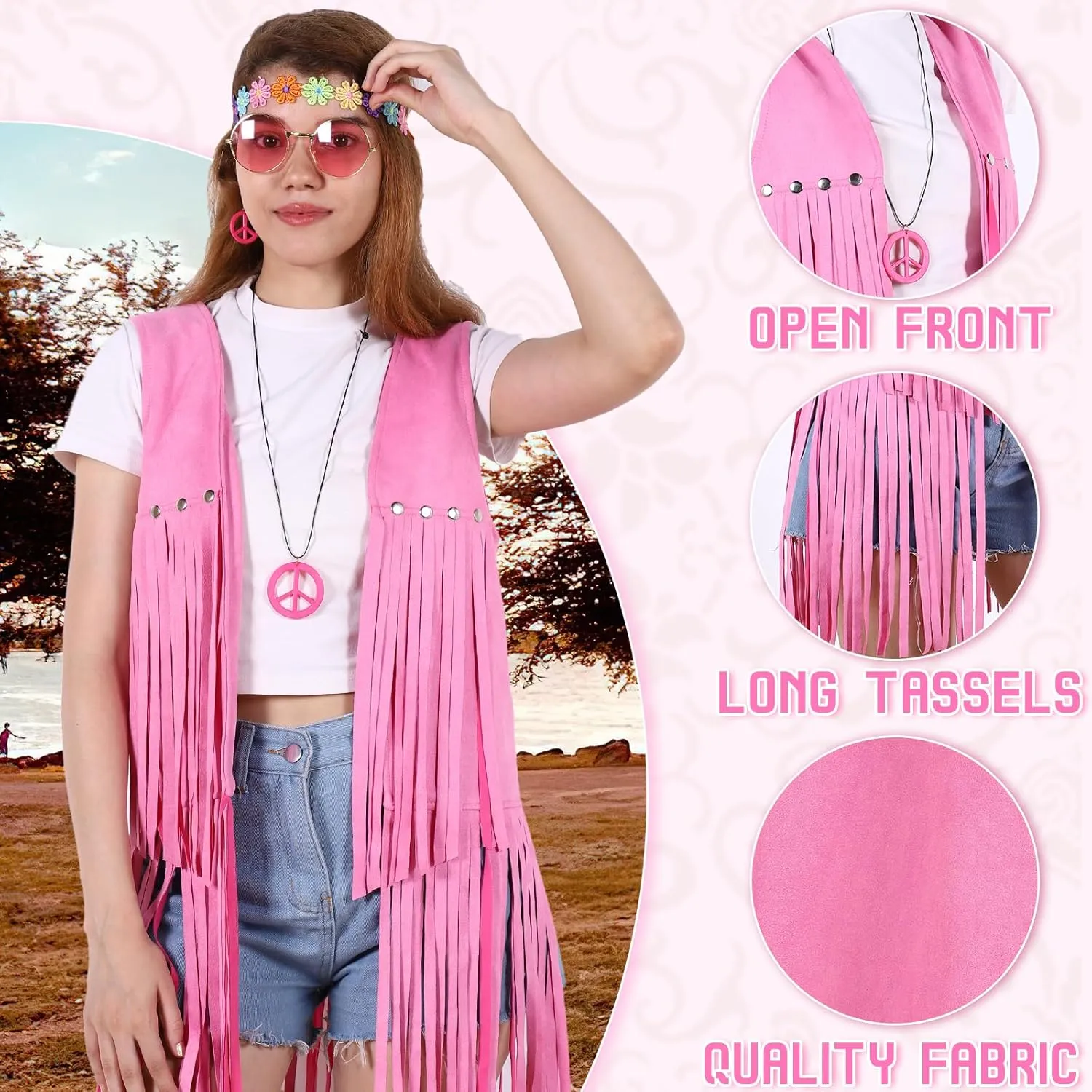 70s Outfits for Women, Disco Hippie Costume Clothes Woman Cowgirl 70s Costume Fringe Hippie Vest