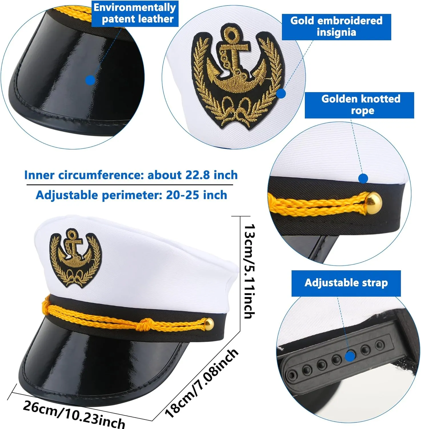 8 Pieces Captain Hats Adjustable White Sailors Navy Marine Admiral Caps for Yacht Theme Party Costume Accessory