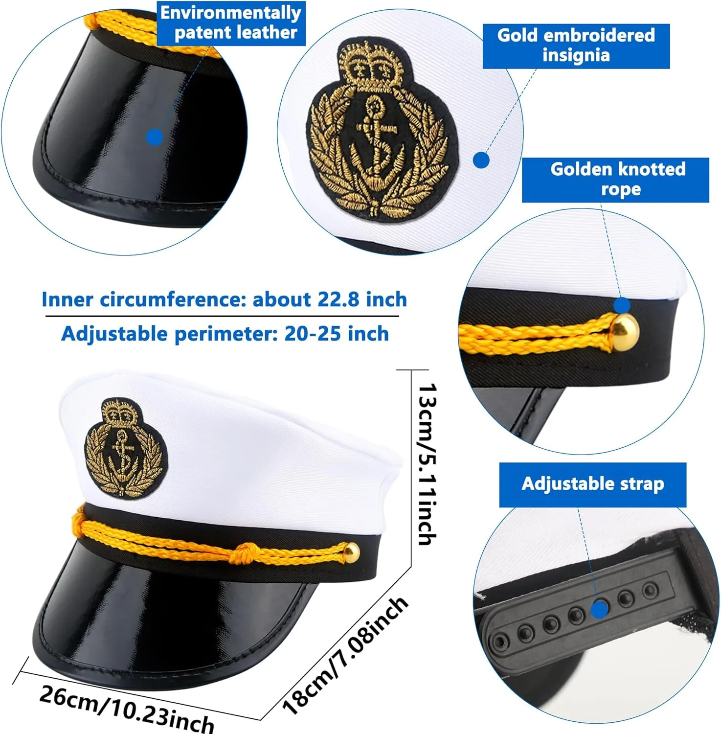 8 Pieces Captain Hats Adjustable White Sailors Navy Marine Admiral Caps for Yacht Theme Party Costume Accessory