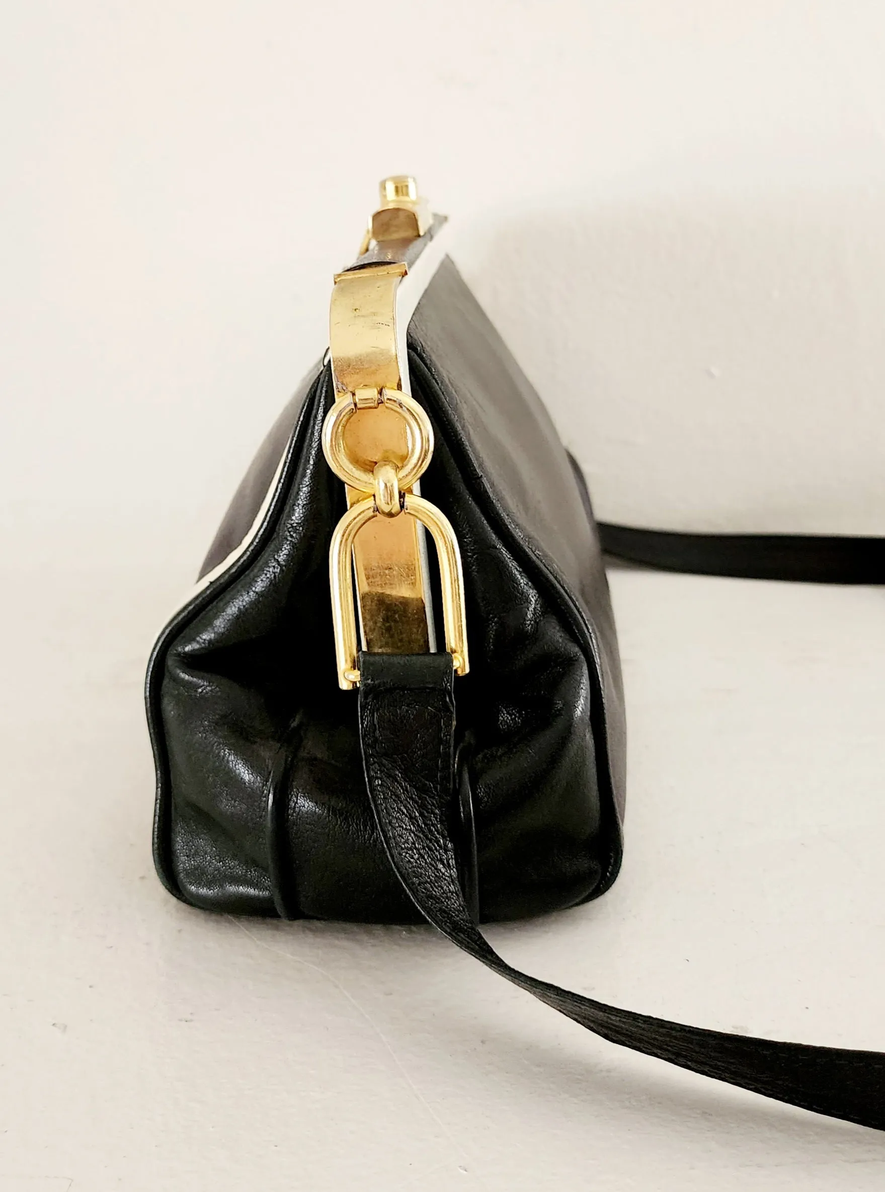 80s Black & White Leather Satchel Bag by Zenith Made in Italy