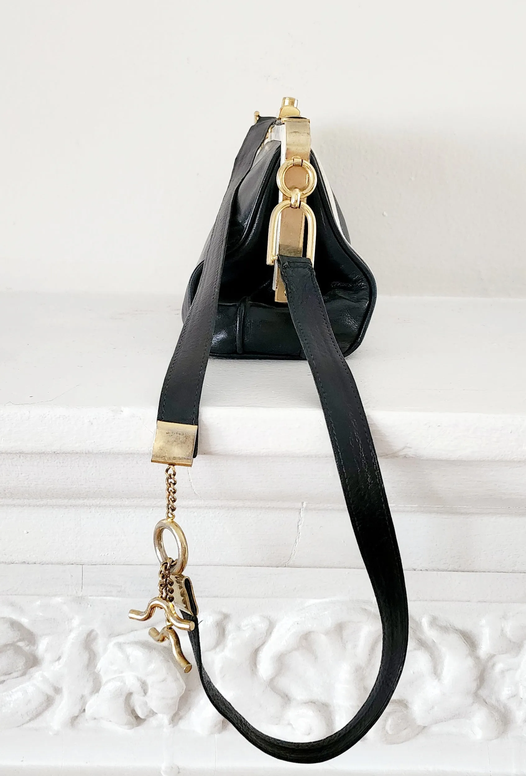 80s Black & White Leather Satchel Bag by Zenith Made in Italy