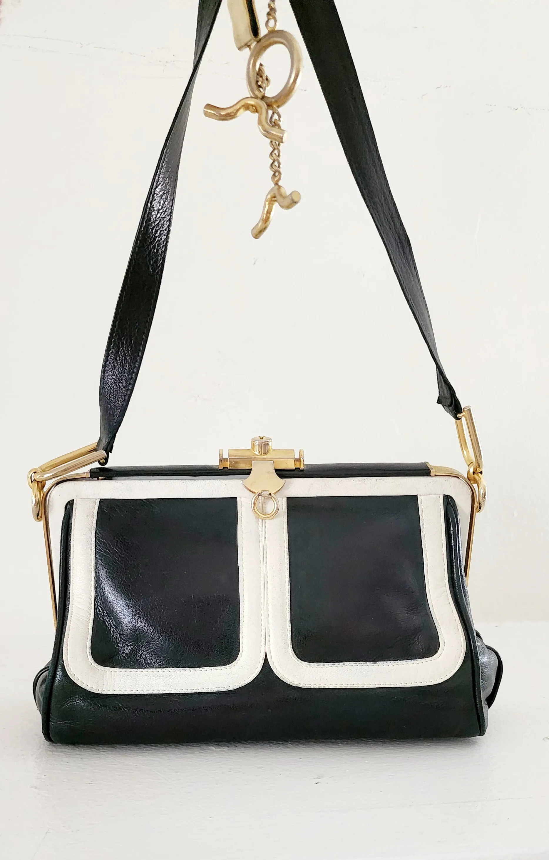 80s Black & White Leather Satchel Bag by Zenith Made in Italy