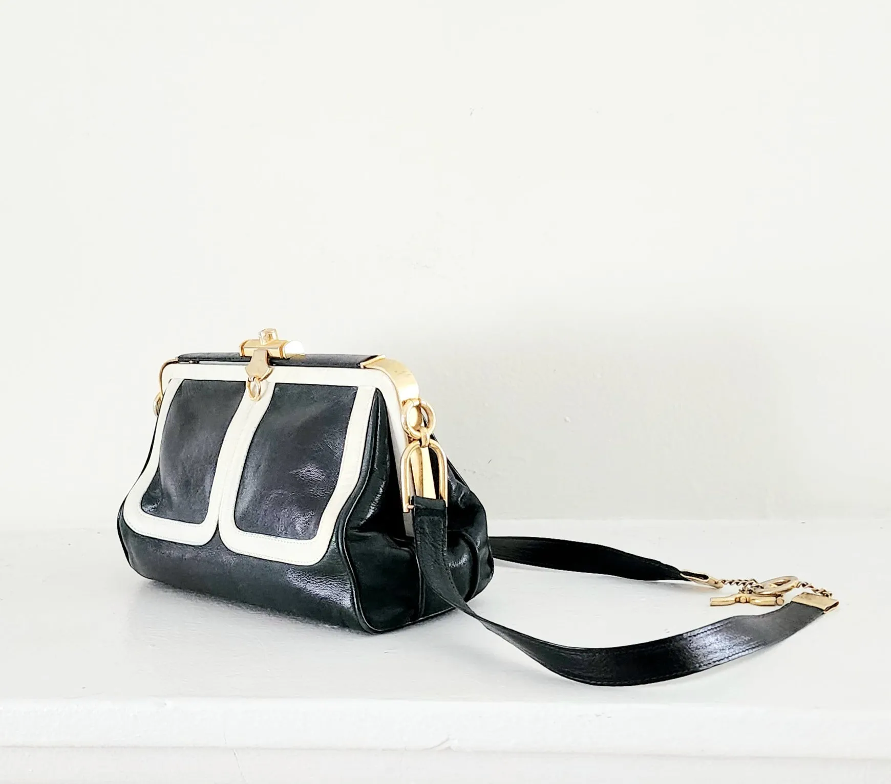 80s Black & White Leather Satchel Bag by Zenith Made in Italy