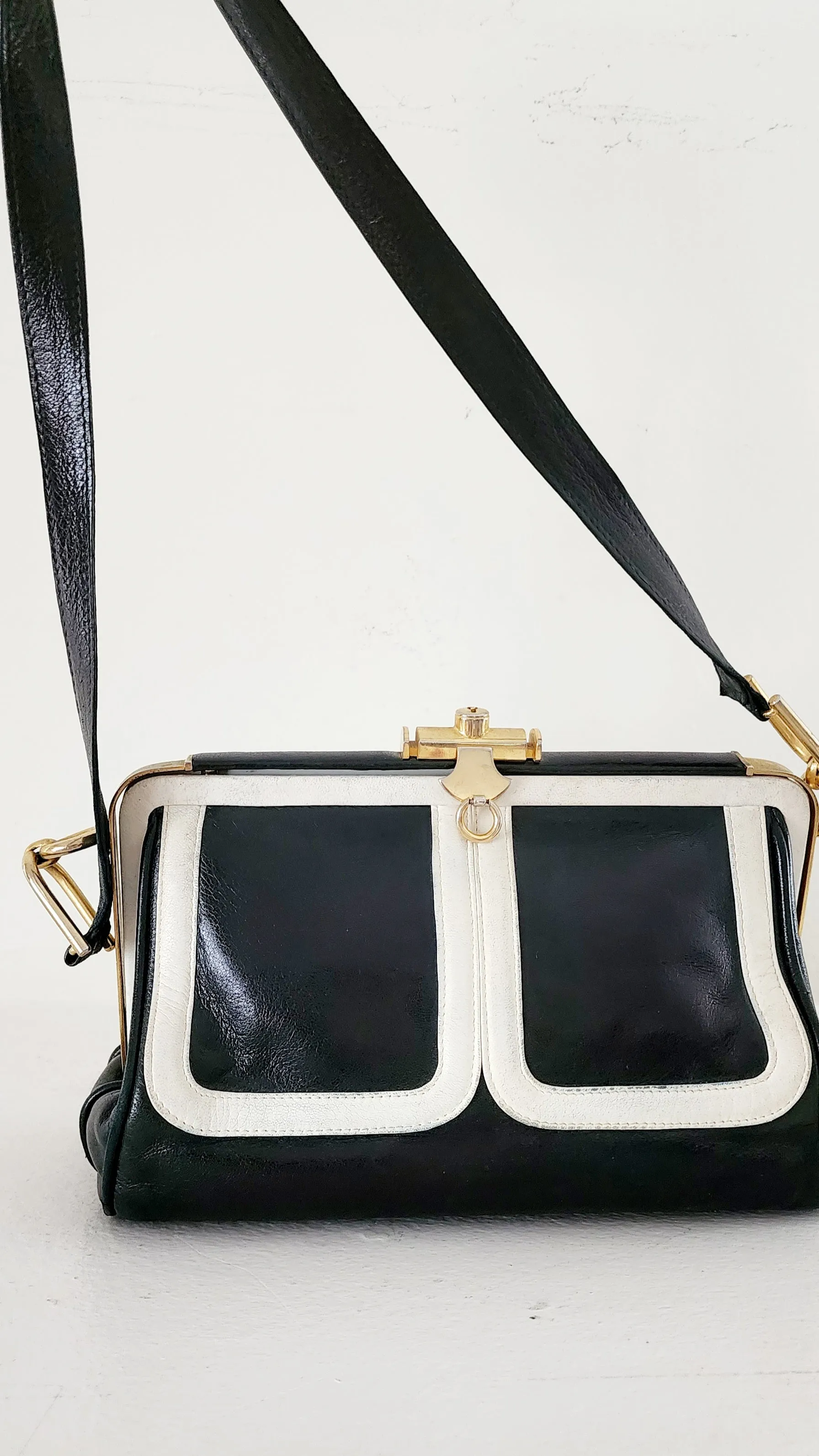 80s Black & White Leather Satchel Bag by Zenith Made in Italy