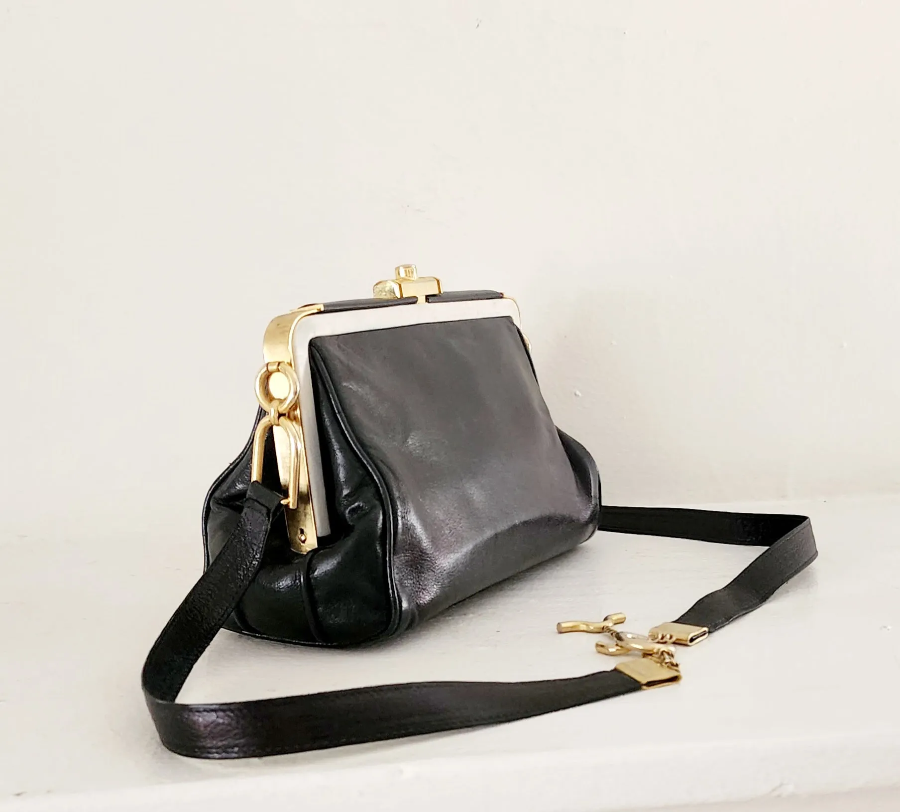 80s Black & White Leather Satchel Bag by Zenith Made in Italy