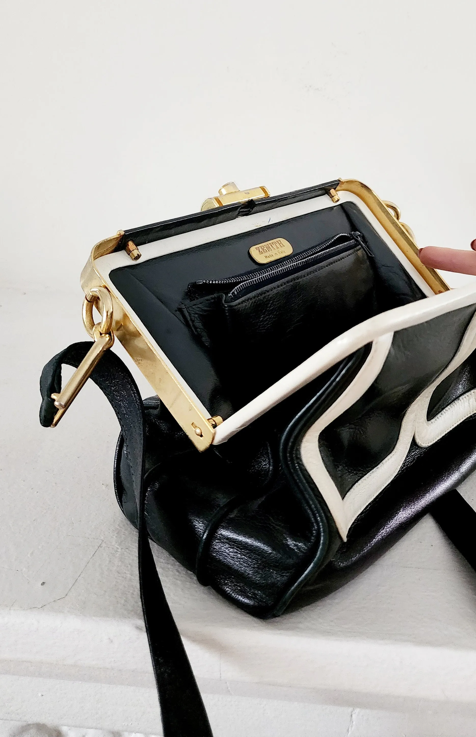 80s Black & White Leather Satchel Bag by Zenith Made in Italy