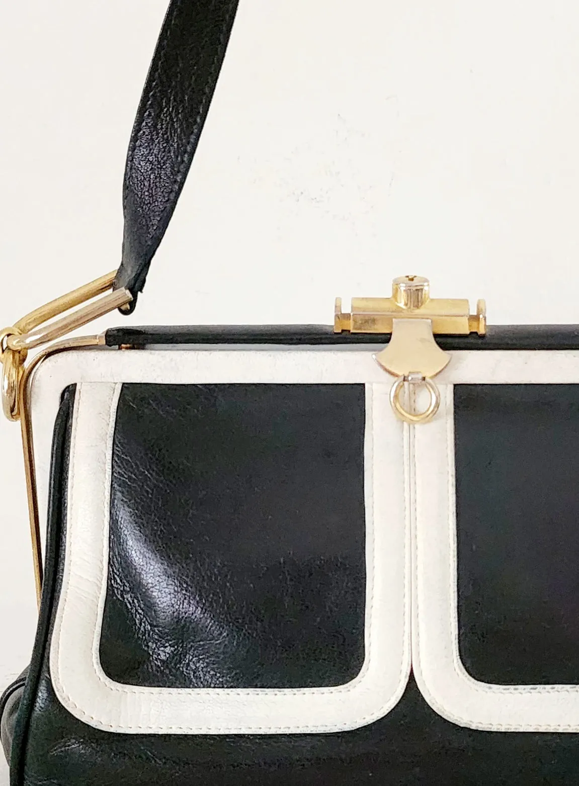 80s Black & White Leather Satchel Bag by Zenith Made in Italy