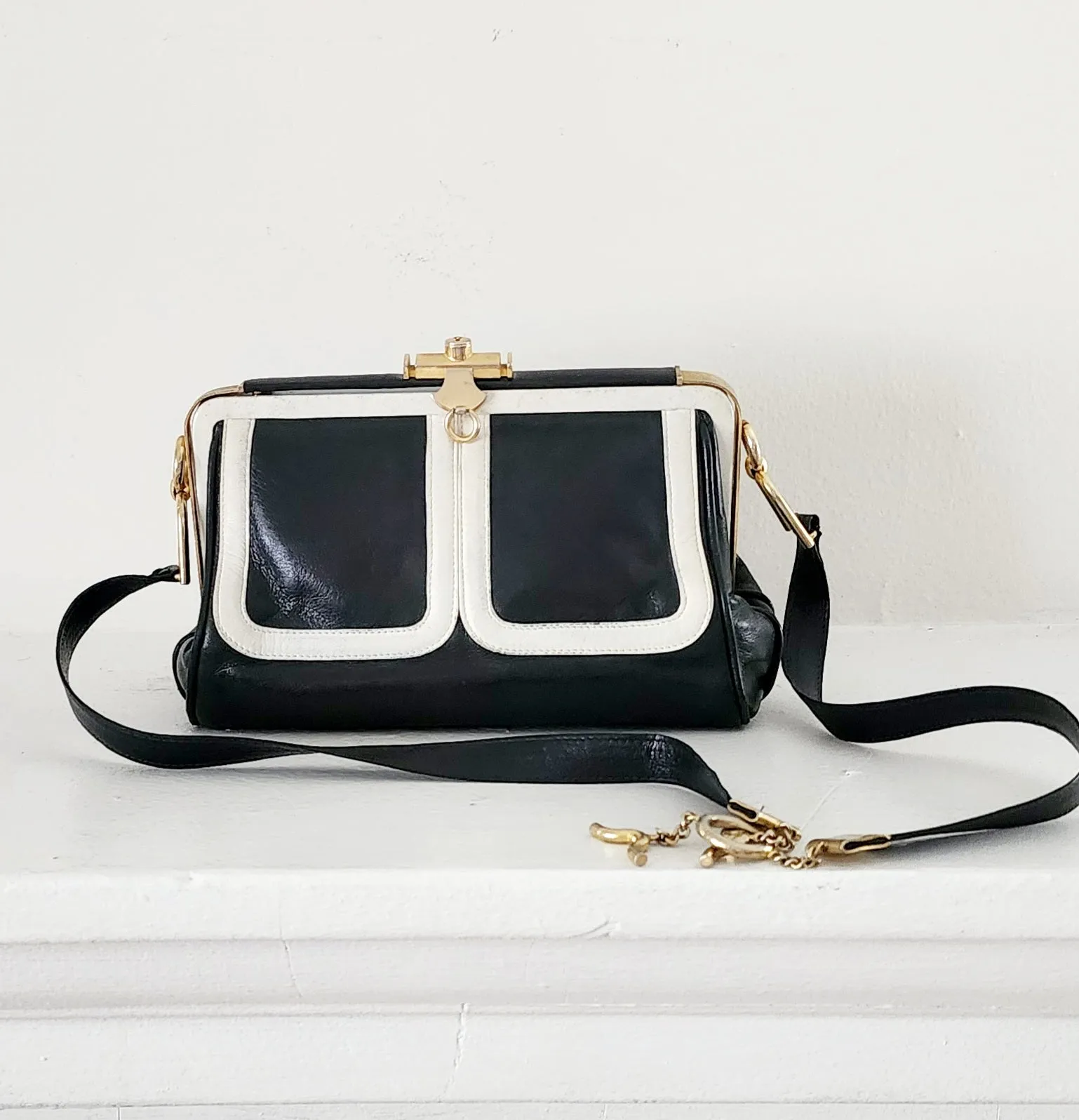 80s Black & White Leather Satchel Bag by Zenith Made in Italy