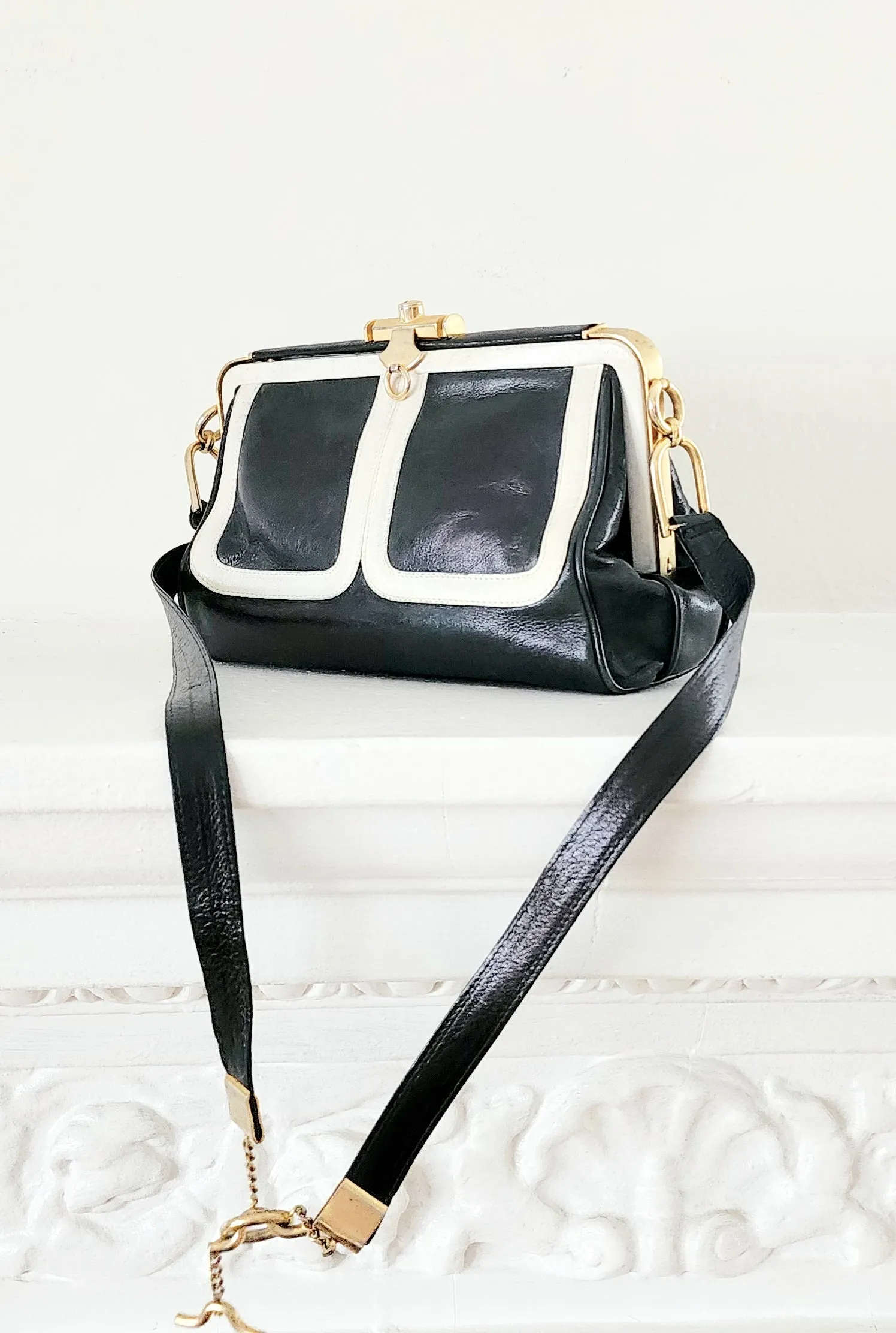 80s Black & White Leather Satchel Bag by Zenith Made in Italy