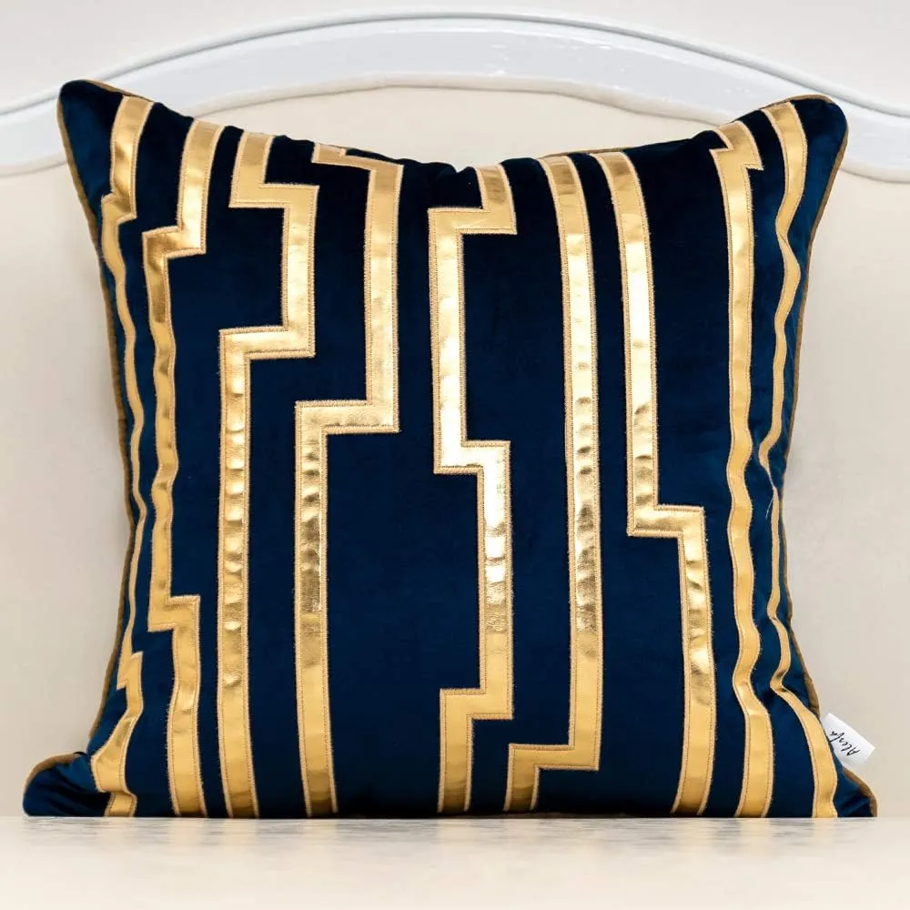 Alerfa Gold Leather Striped Black Throw Pillow Cover 18x18 Inch, Geometric Luxury Decorative Embroidered Velvet Pillow Cover for Couch Living Room Bedroom