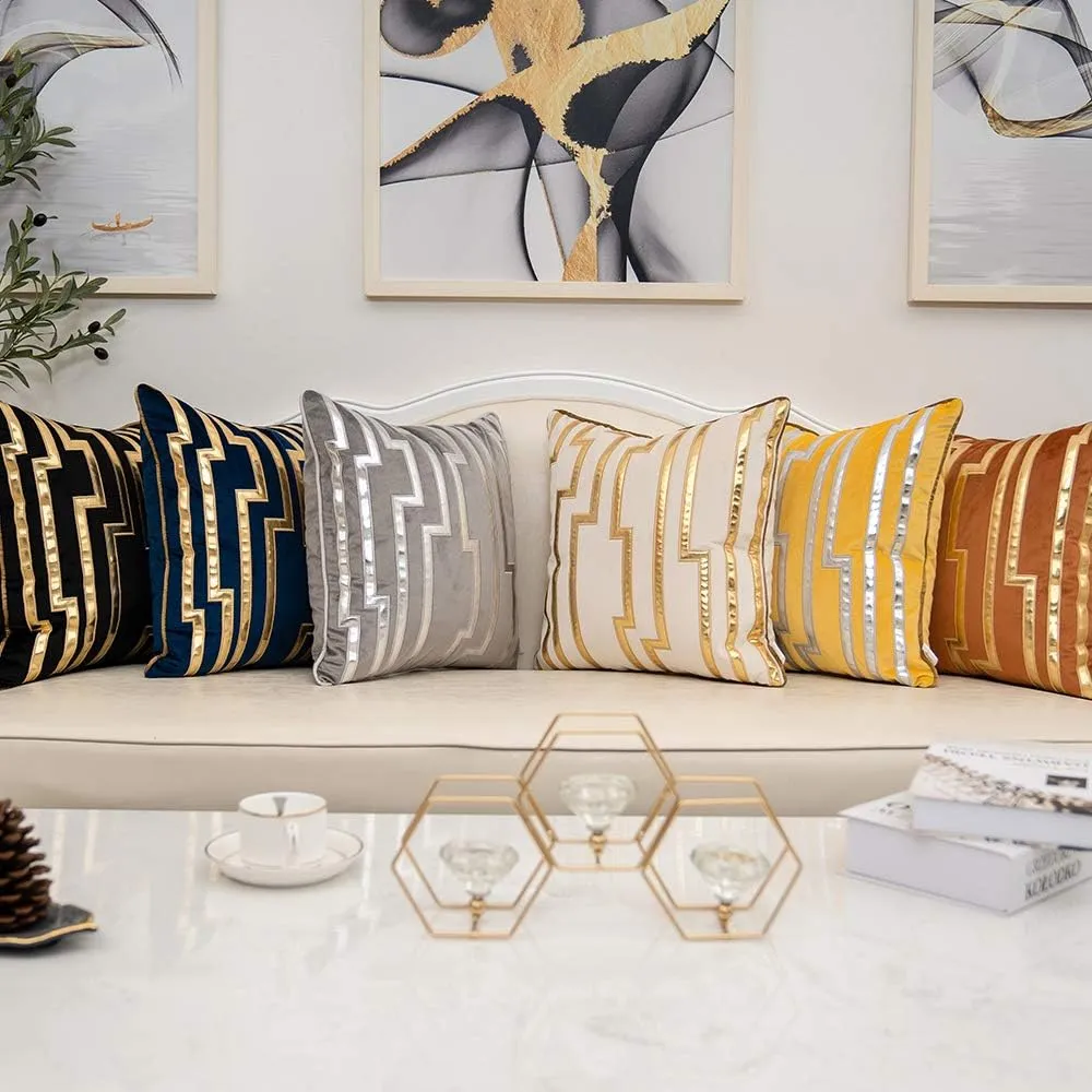 Alerfa Gold Leather Striped Black Throw Pillow Cover 18x18 Inch, Geometric Luxury Decorative Embroidered Velvet Pillow Cover for Couch Living Room Bedroom